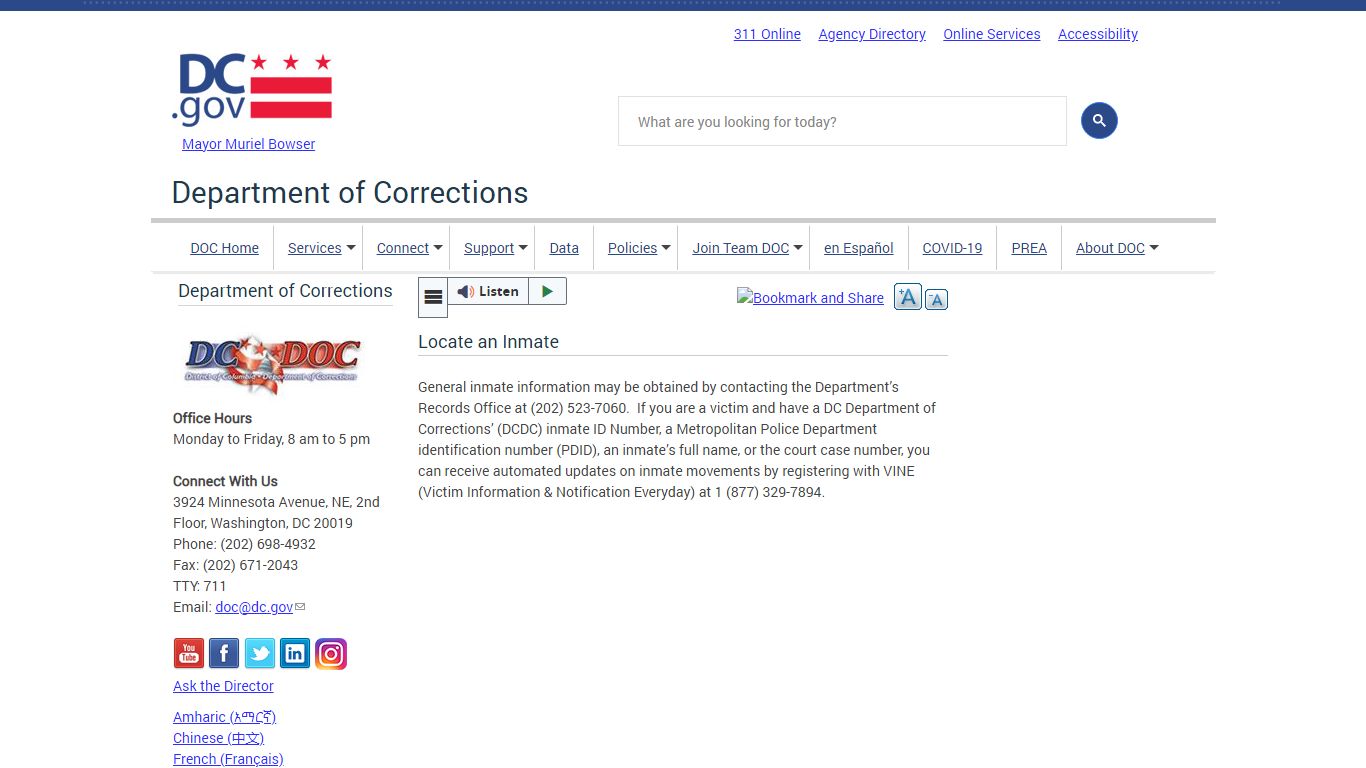 Locate an Inmate | doc - Washington, D.C.